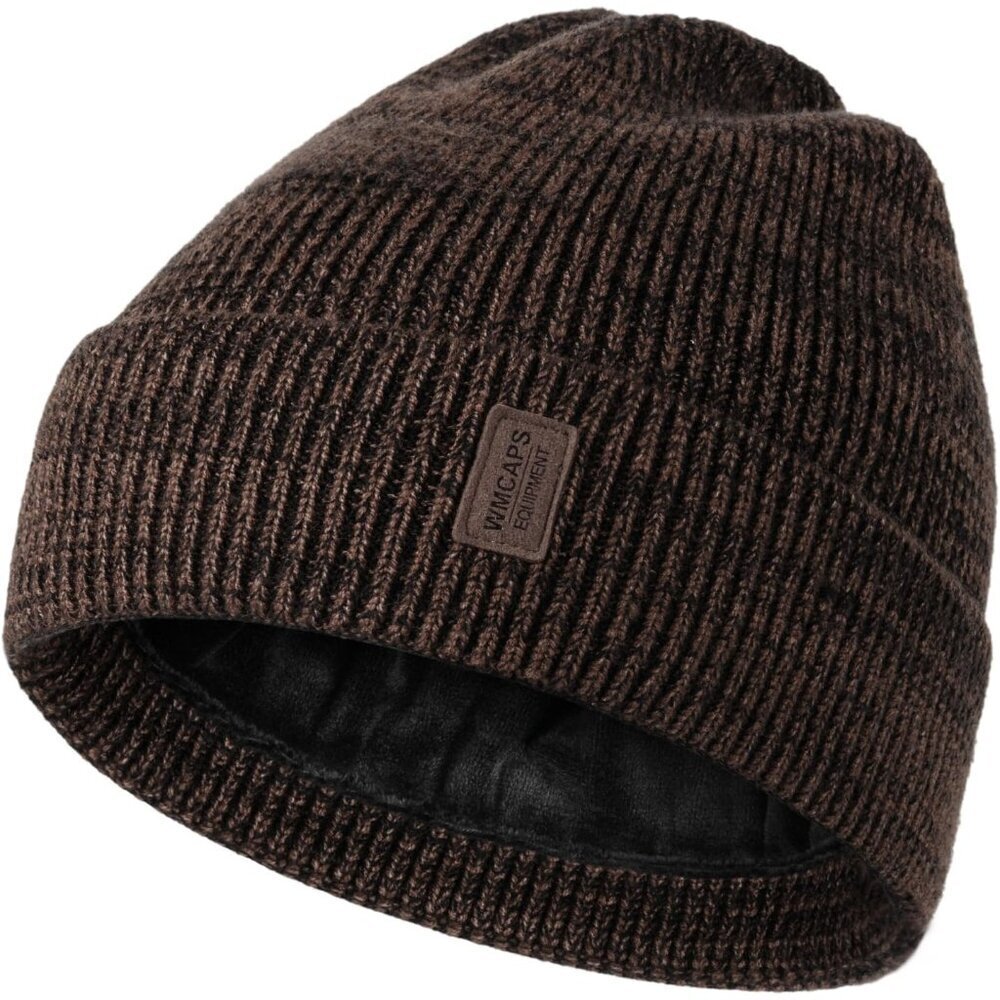 Men's Brown Black Fleece Lined Beanie Soft Winter Warm Ski Stocking Cap Knit Hat
